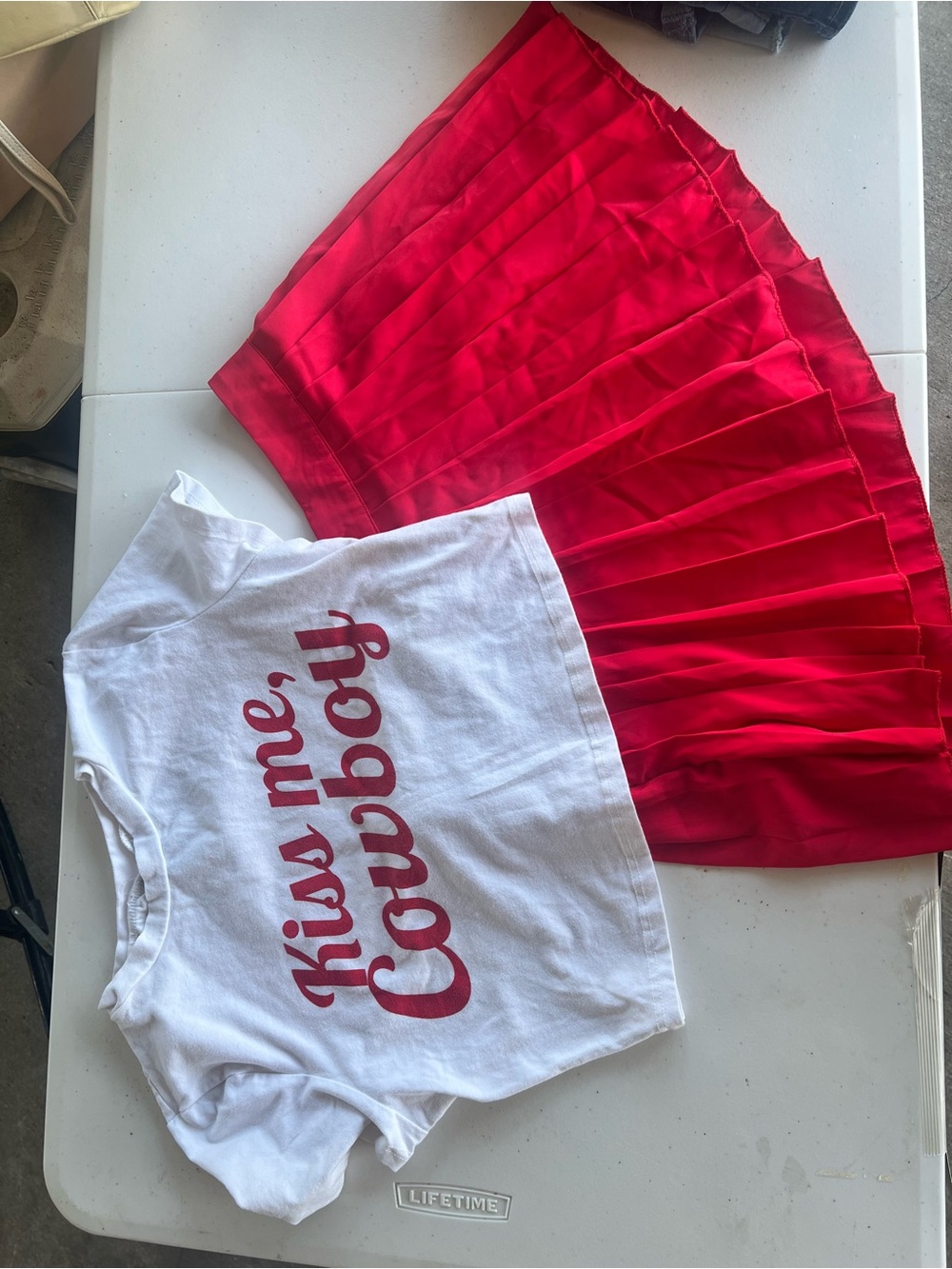 White 'Kiss Me, Cowboy' Graphic Tee with Red Pleated Skirt